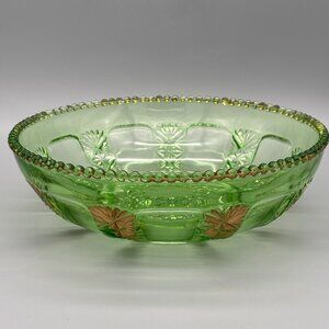 Vintage 10 Inch Green Pressed Glass Fruit Bowl With Gold Trim Art Glass